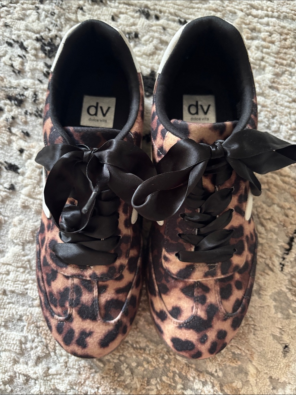 DV by Dolce Vita Leopard Print Satin Ribbon Lace Sneakers in Black and Brown